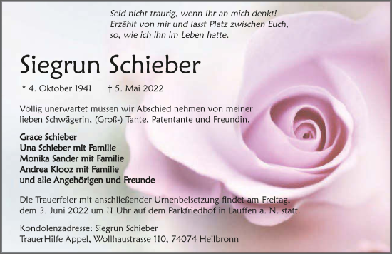Traueranzeige von Siegrun Schieber von GESAMT