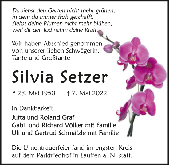 Traueranzeige von Silvia Setzer von GESAMT