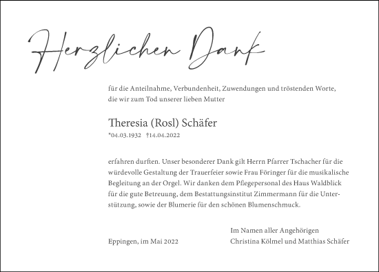 Traueranzeige von Theresia Schäfer von GESAMT