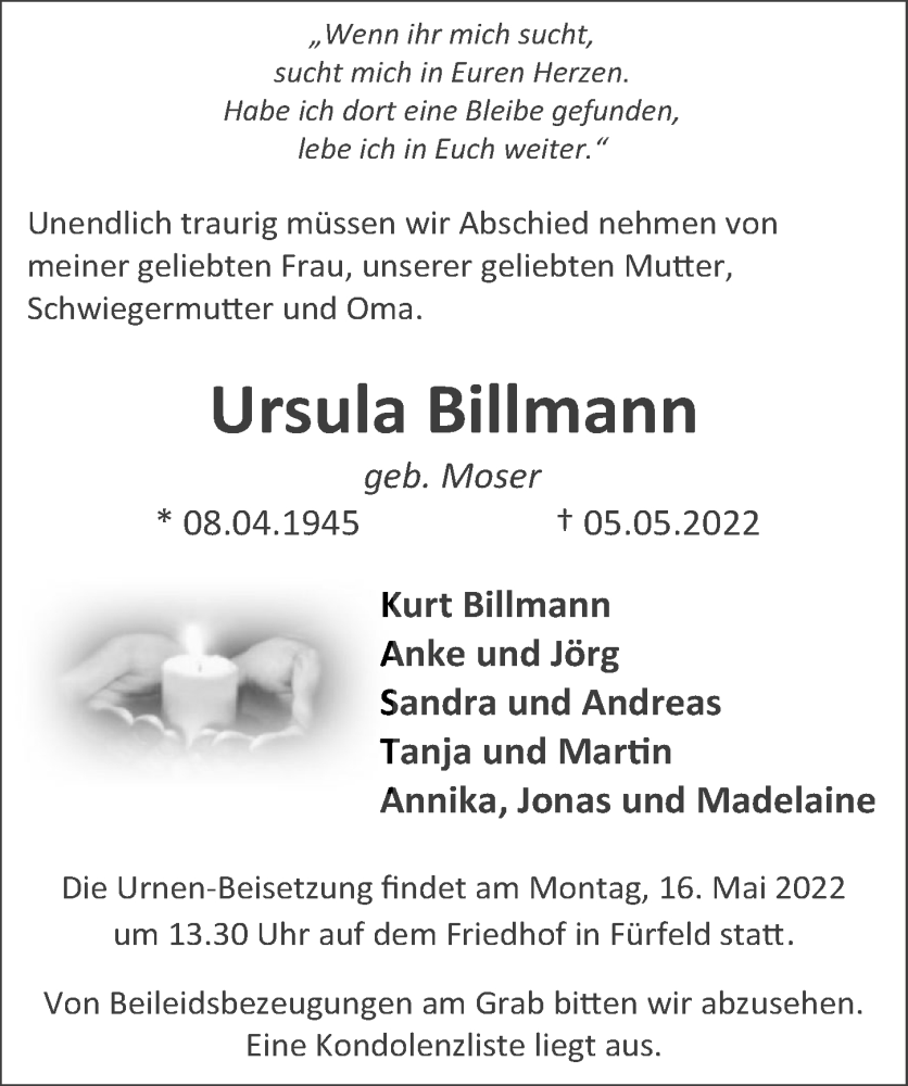  Traueranzeige für Ursula Billmann vom 11.05.2022 aus GESAMT