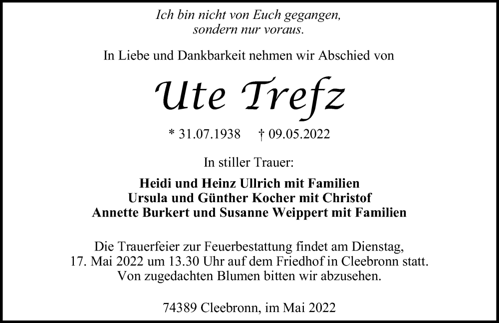  Traueranzeige für Ute Trefz vom 13.05.2022 aus GESAMT
