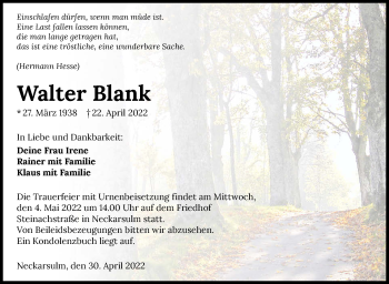 Traueranzeige von Walter Blank von GESAMT