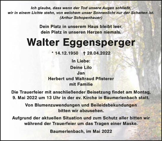 Traueranzeige von Walter Eggensperger von GESAMT