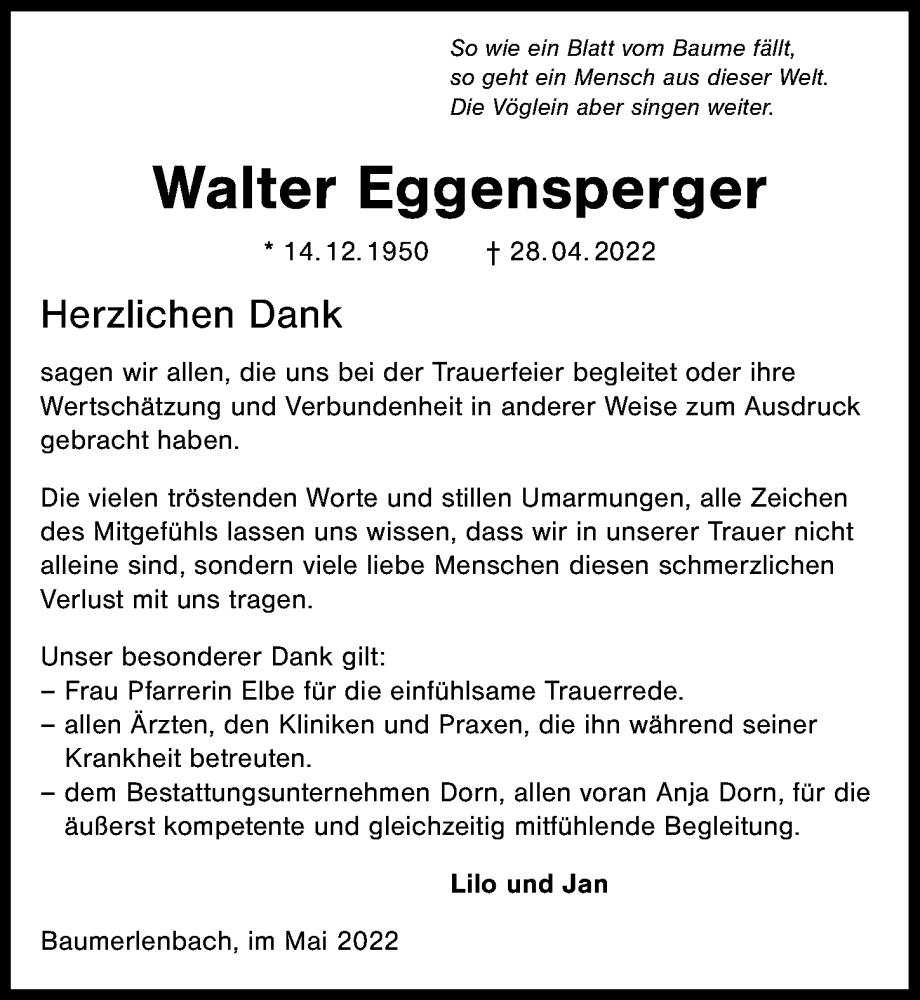  Traueranzeige für Walter Eggensperger vom 28.05.2022 aus GESAMT