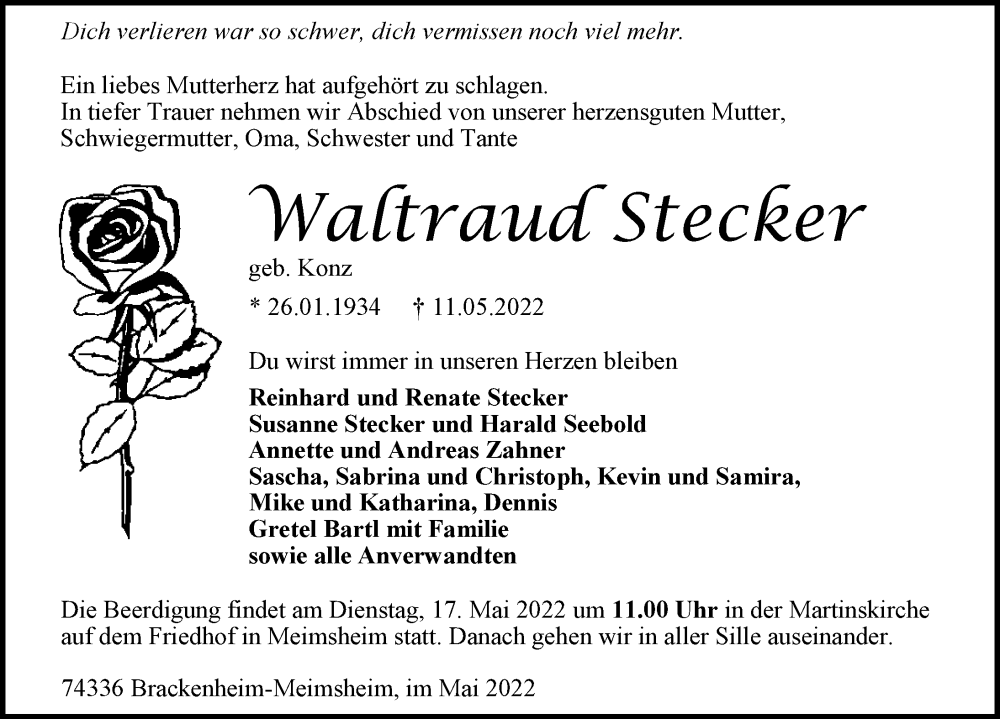  Traueranzeige für Waltraud Stecker vom 14.05.2022 aus GESAMT