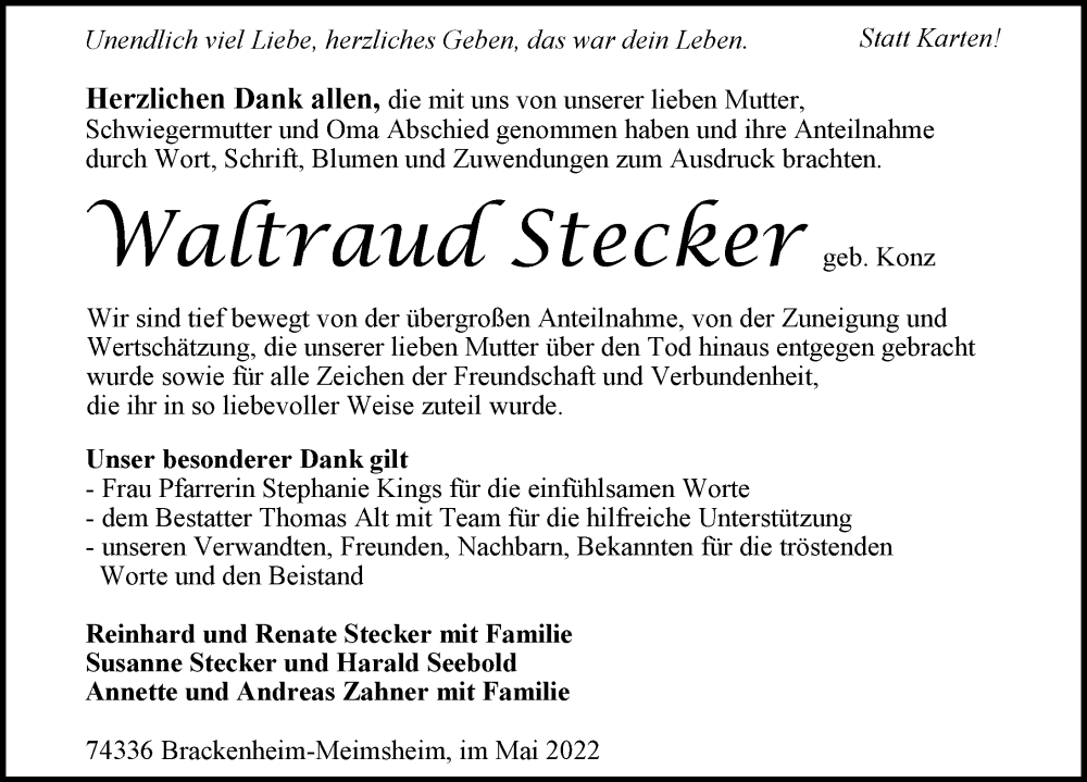  Traueranzeige für Waltraud Stecker vom 21.05.2022 aus GESAMT