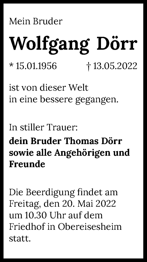  Traueranzeige für Wolfgang Dörr vom 18.05.2022 aus GESAMT
