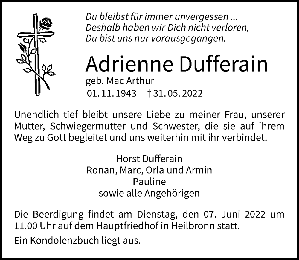  Traueranzeige für Adrienne Dufferain vom 03.06.2022 aus GESAMT