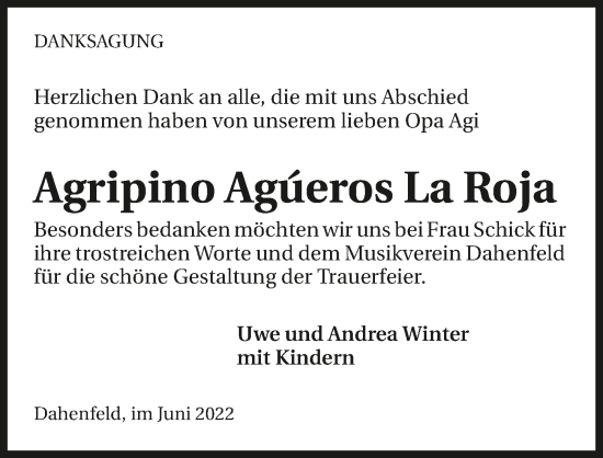 Traueranzeige von Agripino Agueros La Roja von GESAMT
