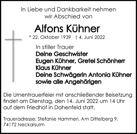 Traueranzeige von Alfons Kühner von GESAMT