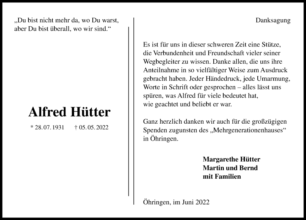  Traueranzeige für Alfred Hütter vom 29.06.2022 aus GESAMT