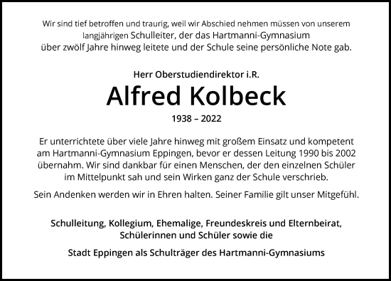 Traueranzeige von Alfred Kolbeck von GESAMT