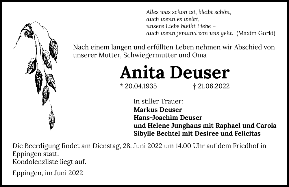 Traueranzeige für Anita Deuser vom 25.06.2022 aus GESAMT
