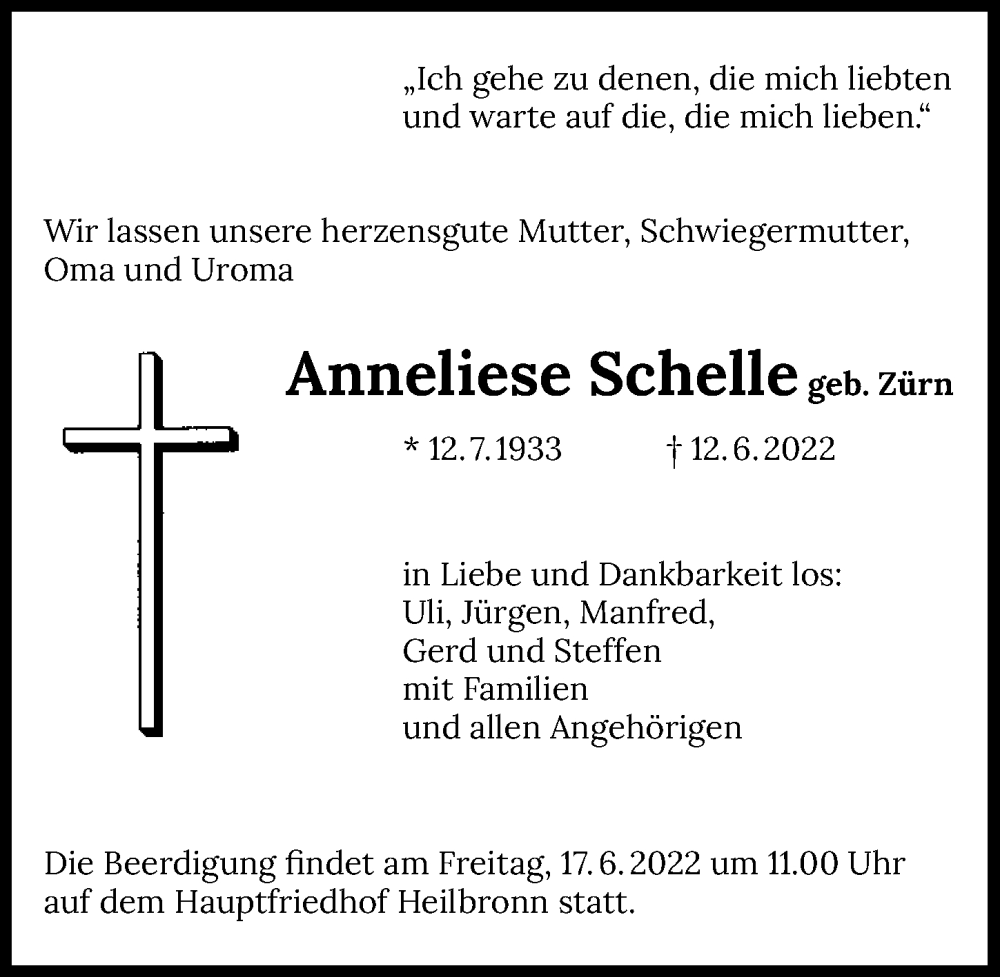  Traueranzeige für Anneliese Schelle vom 15.06.2022 aus GESAMT