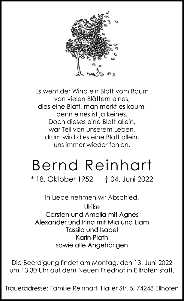  Traueranzeige für Bernd Reinhart vom 11.06.2022 aus GESAMT