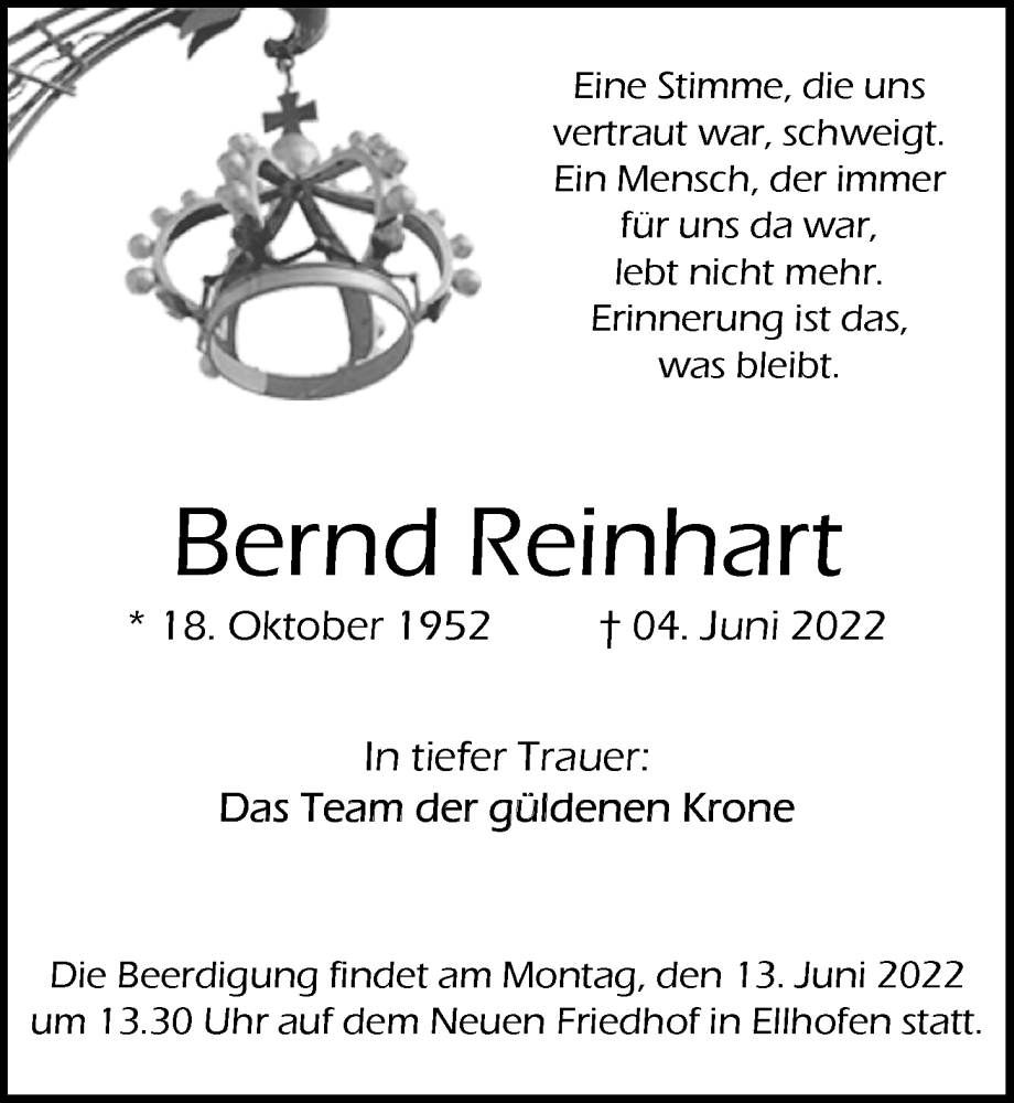  Traueranzeige für Bernd Reinhart vom 11.06.2022 aus GESAMT