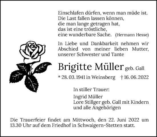 Traueranzeige von Brigitte Müller von GESAMT