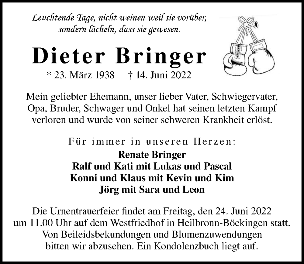  Traueranzeige für Dieter Bringer vom 18.06.2022 aus GESAMT