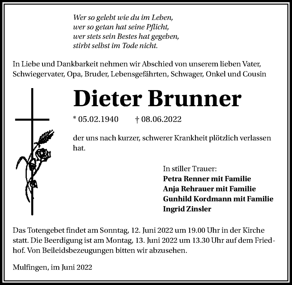  Traueranzeige für Dieter Brunner vom 11.06.2022 aus GESAMT