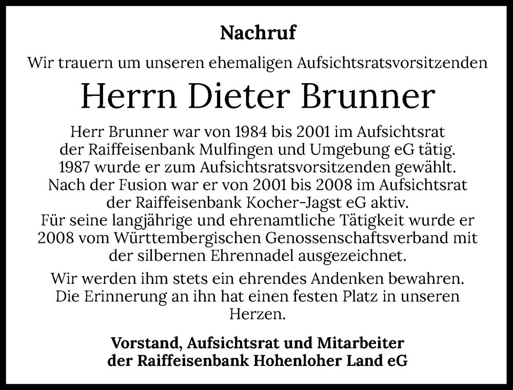  Traueranzeige für Dieter Brunner vom 14.06.2022 aus GESAMT