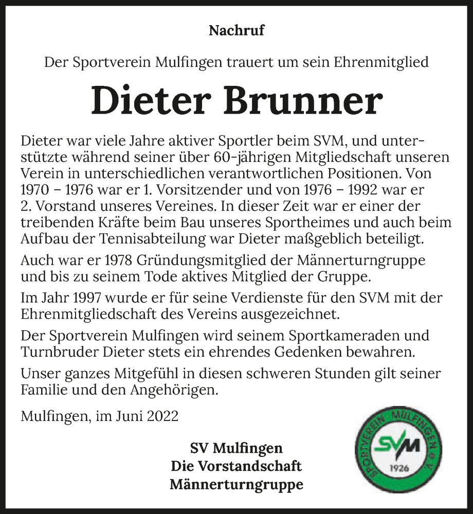  Traueranzeige für Dieter Brunner vom 11.06.2022 aus GESAMT