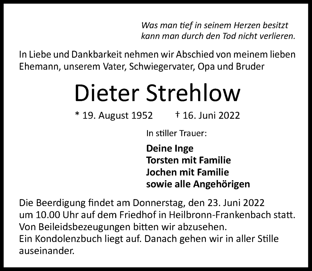  Traueranzeige für Dieter Strehlow vom 21.06.2022 aus GESAMT