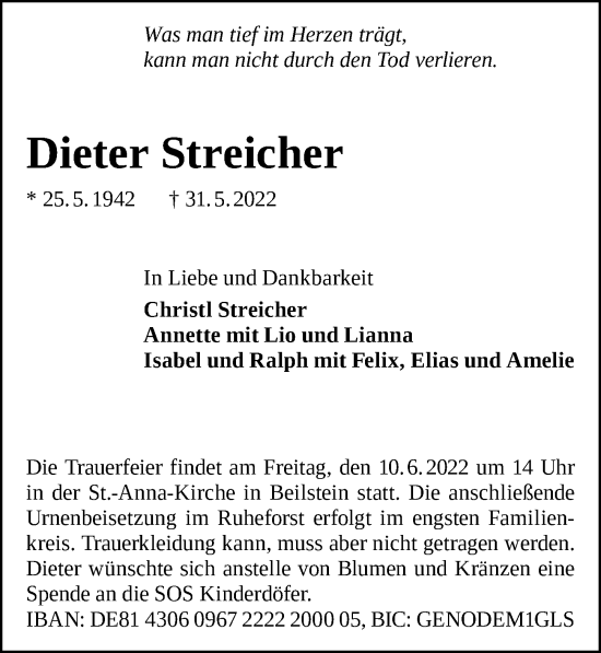 Traueranzeige von Dieter Streicher von GESAMT