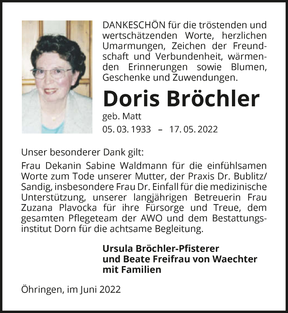  Traueranzeige für Doris Bröchler vom 04.06.2022 aus GESAMT