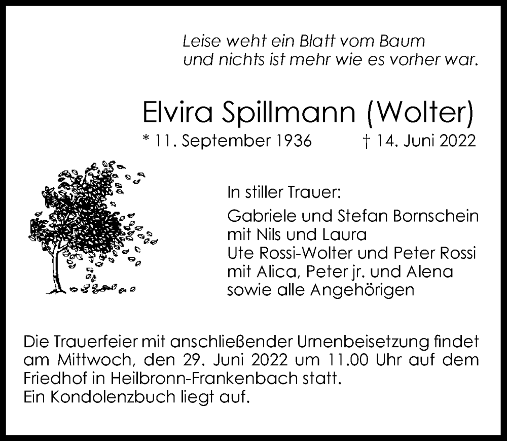  Traueranzeige für Elvira Spillmann vom 21.06.2022 aus GESAMT