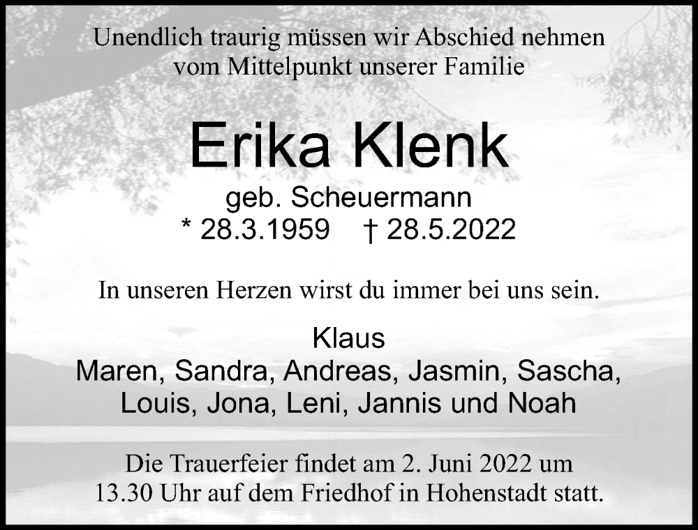  Traueranzeige für Erika Klenk vom 31.05.2022 aus GESAMT