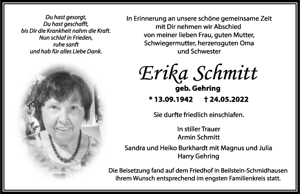  Traueranzeige für Erika Schmitt vom 04.06.2022 aus GESAMT