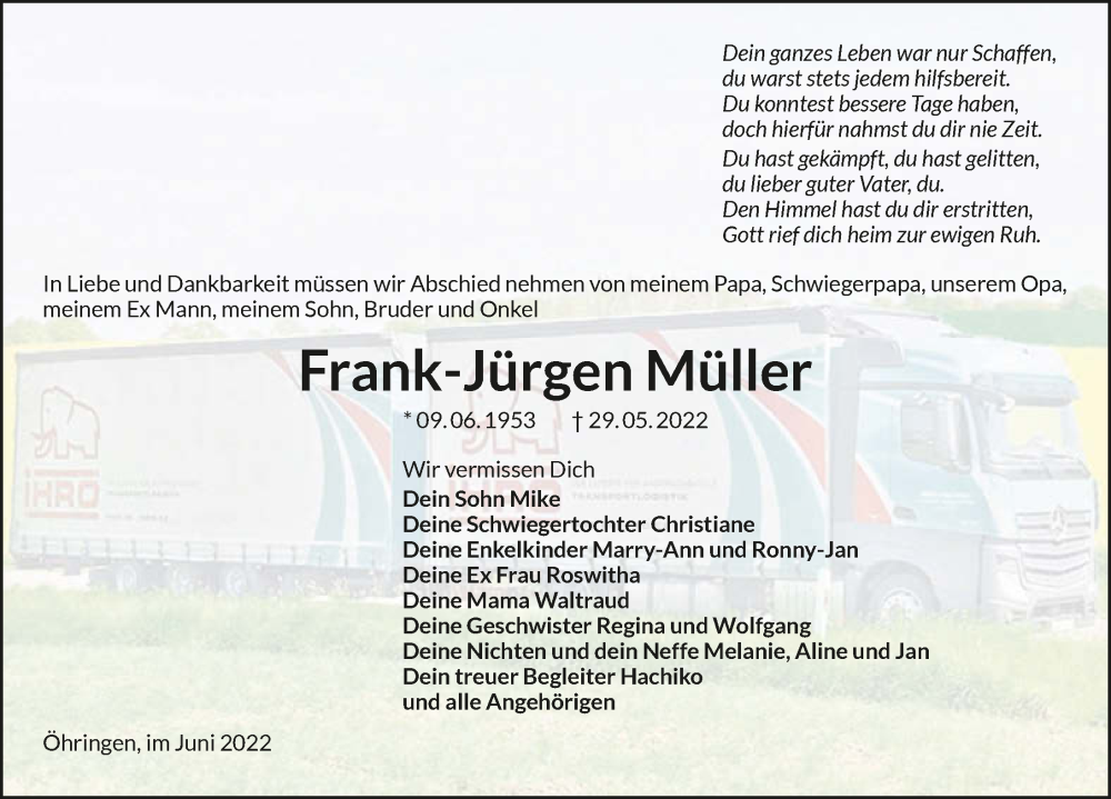  Traueranzeige für Frank-Jürgen Müller vom 08.06.2022 aus GESAMT