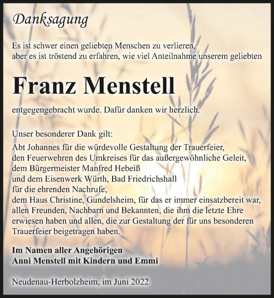 Traueranzeige von Franz Menstell von GESAMT