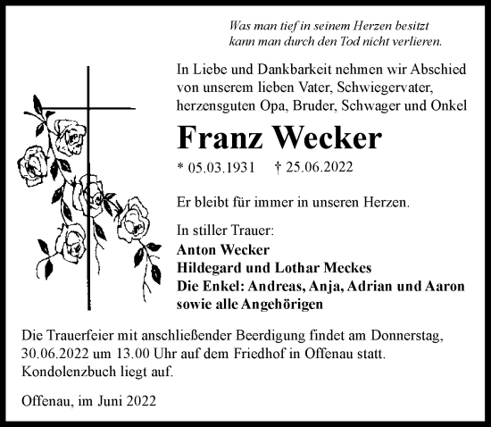 Traueranzeige von Franz Wecker von GESAMT