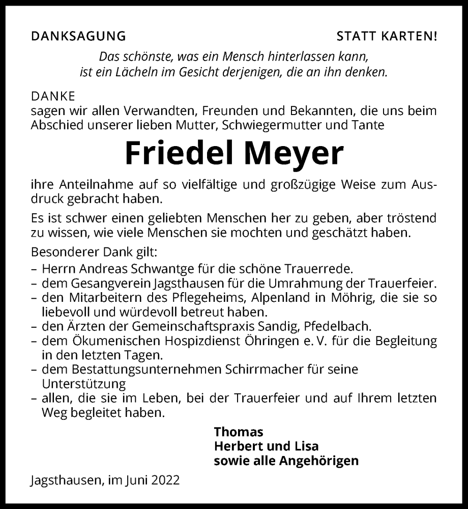  Traueranzeige für Friedel Meyer vom 10.06.2022 aus GESAMT