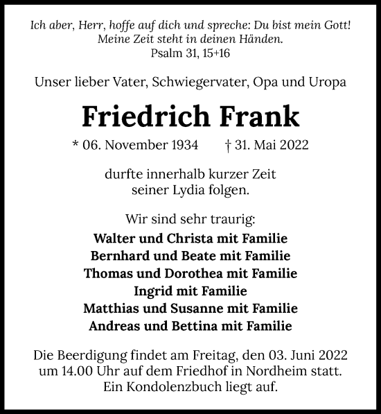 Traueranzeige von Friedrich Frank von GESAMT