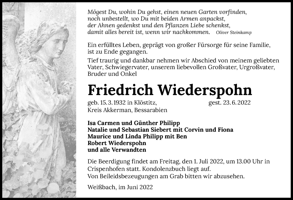  Traueranzeige für Friedrich Wiederspohn vom 29.06.2022 aus GESAMT