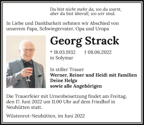 Traueranzeige von Georg Strack von GESAMT