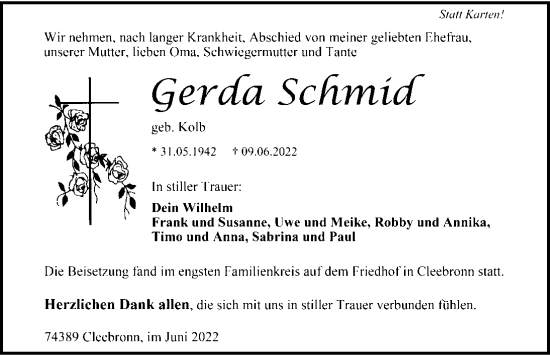 Traueranzeige von Gerda Schmid von GESAMT
