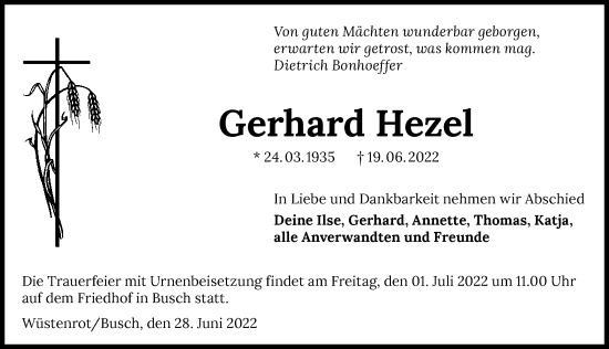 Traueranzeige von Gerhard Hezel von GESAMT