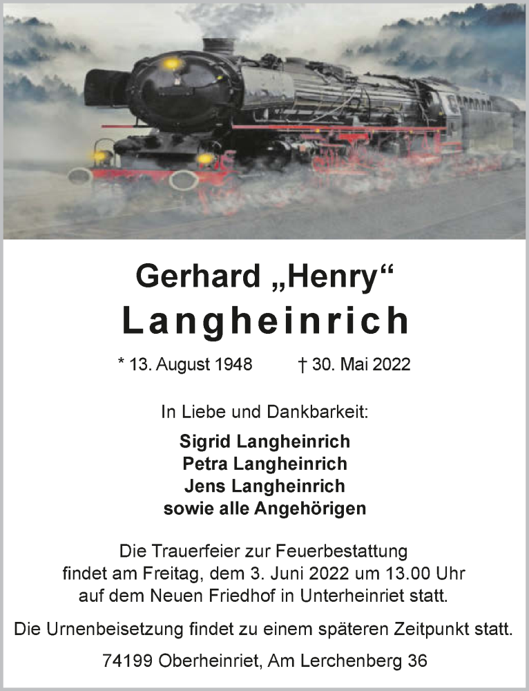  Traueranzeige für Gerhard Langheinrich vom 02.06.2022 aus GESAMT