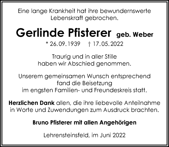 Traueranzeige von Gerlinde Pfisterer von GESAMT