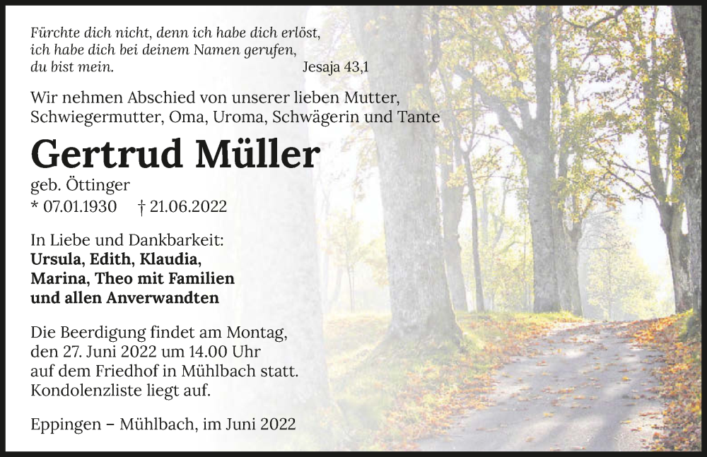 Traueranzeige für Gertrud Müller vom 24.06.2022 aus GESAMT