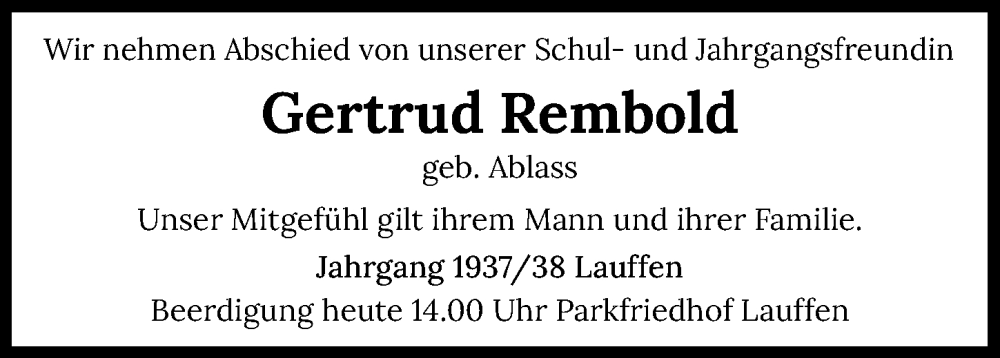  Traueranzeige für Gertrud Rembold vom 22.06.2022 aus GESAMT