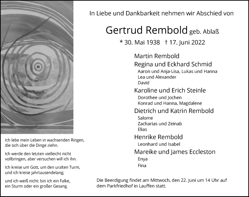  Traueranzeige für Gertrud Rembold vom 21.06.2022 aus GESAMT