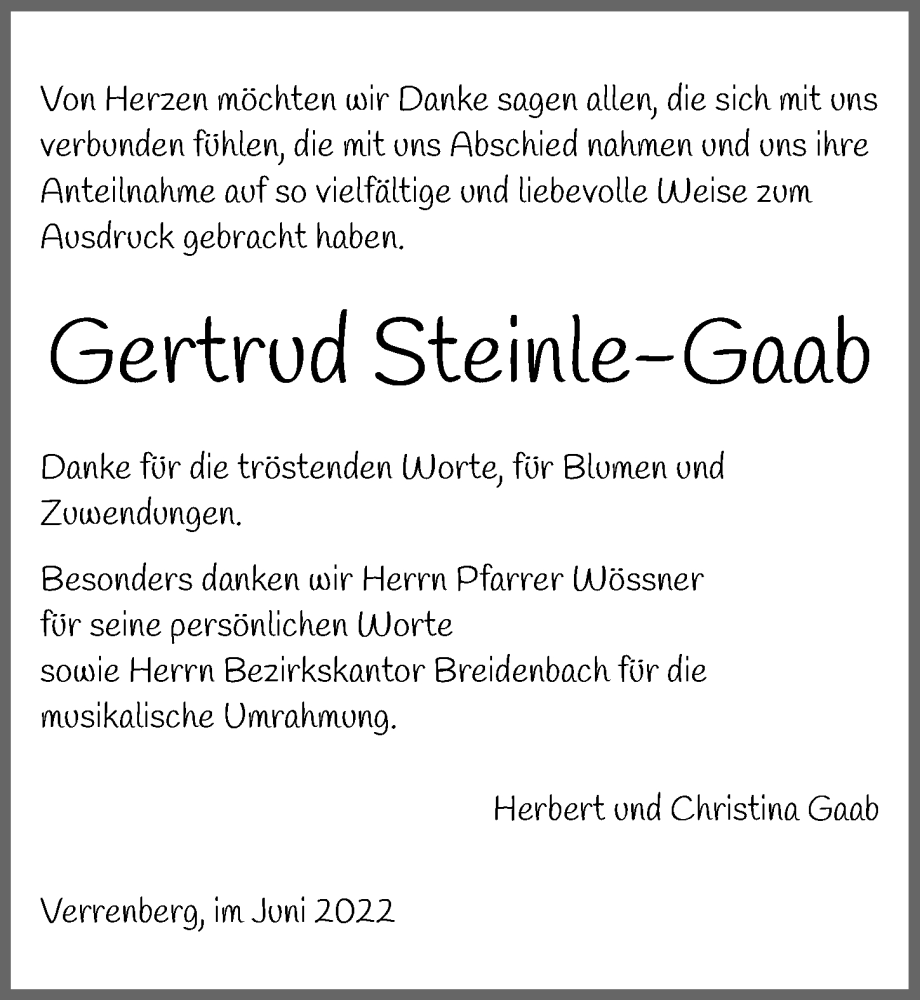  Traueranzeige für Gertrud Steinle-Gaab vom 15.06.2022 aus GESAMT