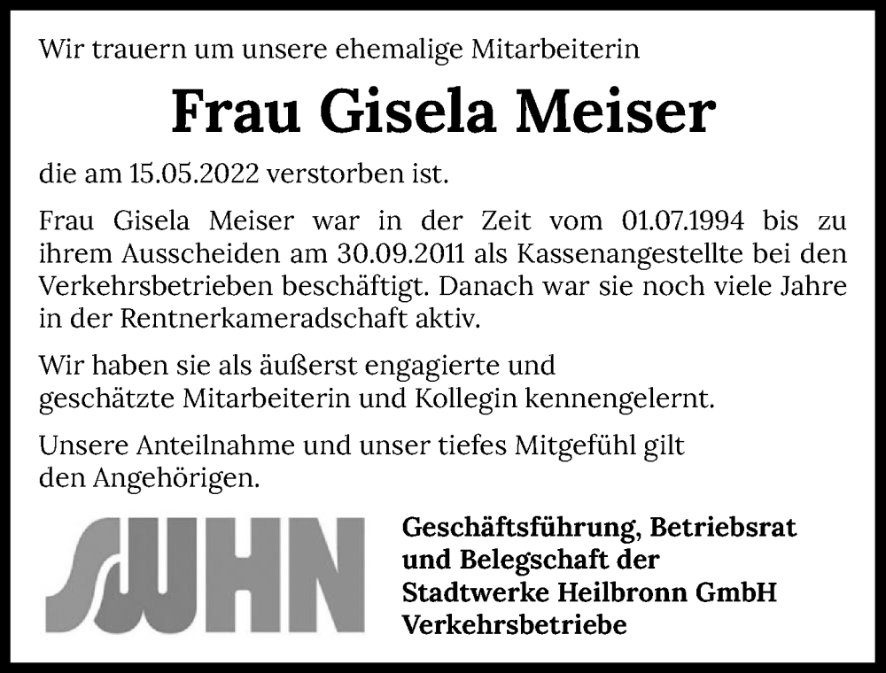  Traueranzeige für Gisela Meiser vom 31.05.2022 aus GESAMT