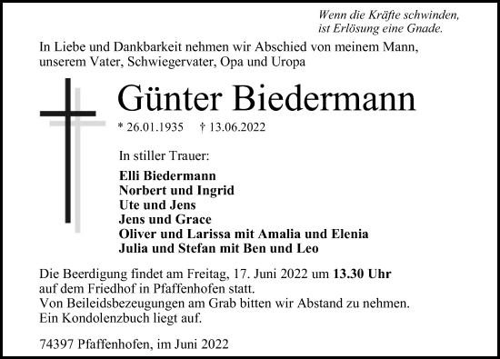 Traueranzeige von Günter Biedermann von GESAMT