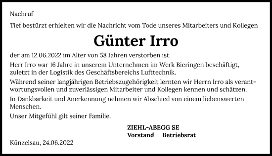 Traueranzeige von Günter Irro von GESAMT
