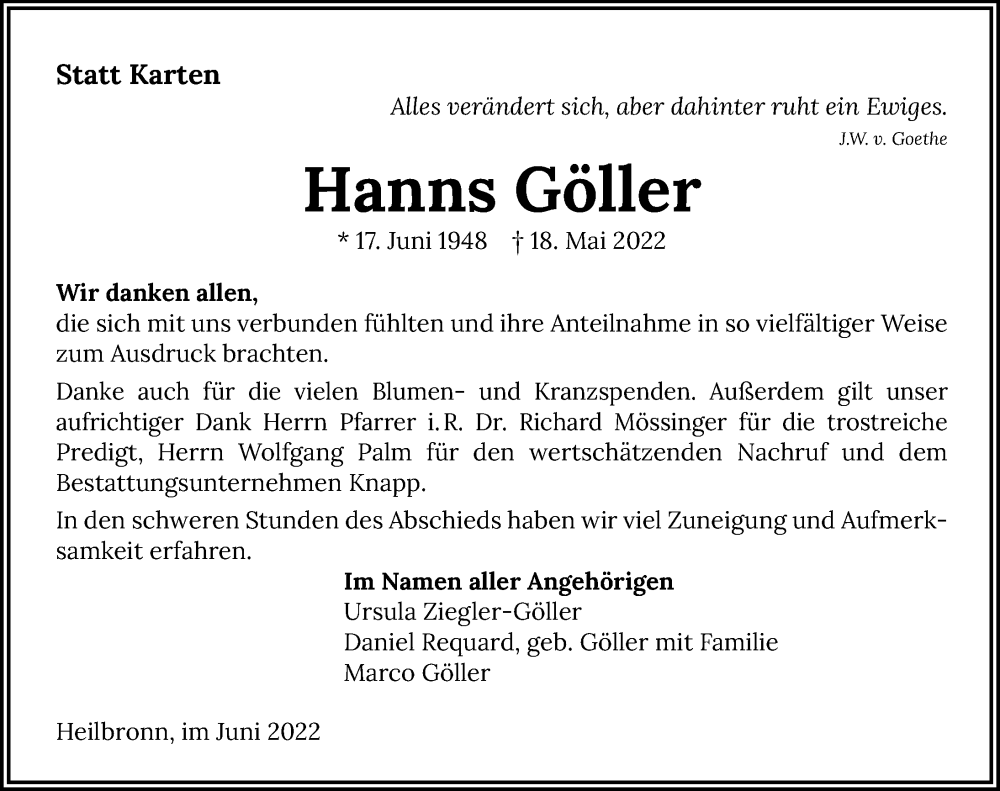  Traueranzeige für Hanns Göller vom 18.06.2022 aus GESAMT